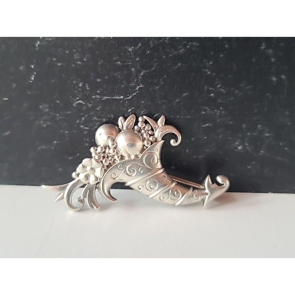 925 Sterling Silver Cornucopia Brooch Vintage READ Description